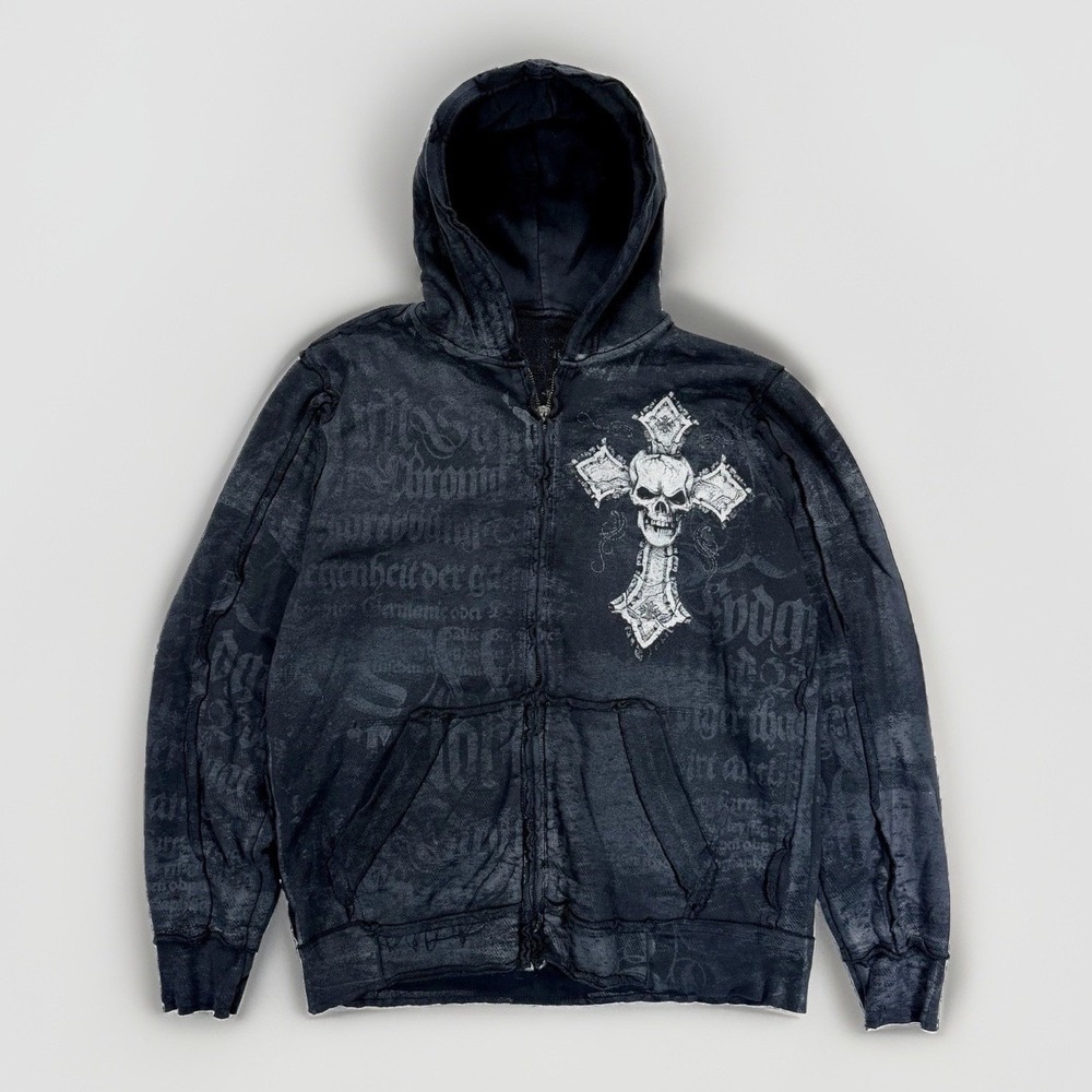 Affliction Saint Zip Up Hoodie Mens Large Y2K Winged Up Skull Cross Grail Grunge